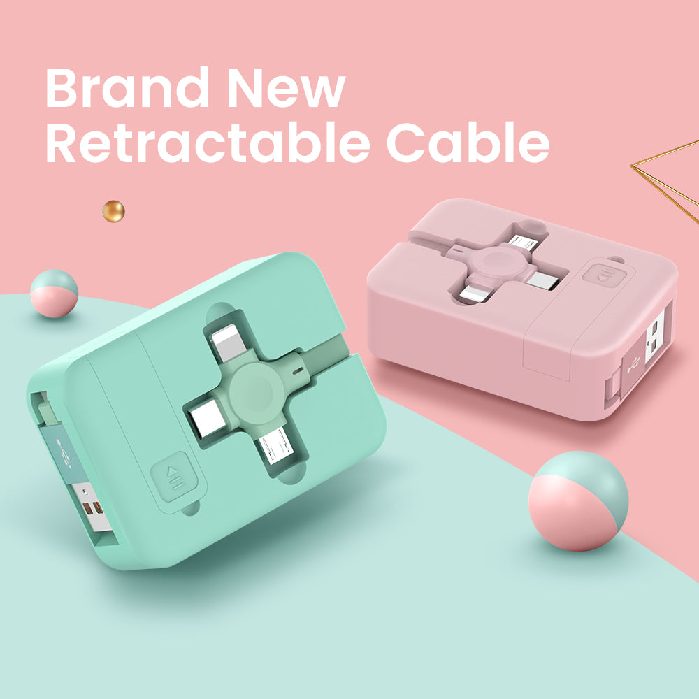 FlexCharge 4-in-1 Retractable Fast Charging Cable – Multi USB Type C / iPhone / Micro USB with Built-in Phone Stand & Storage Case