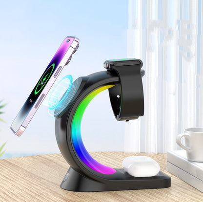 Chargeur Sans Fil 4 en 1 Magnétique Rapide avec RGB pour iPhone, Watch & AirPods