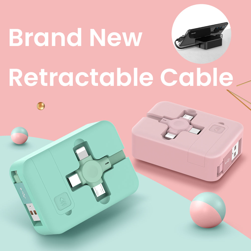 FlexCharge 4-in-1 Retractable Fast Charging Cable – Multi USB Type C / iPhone / Micro USB with Built-in Phone Stand & Storage Case