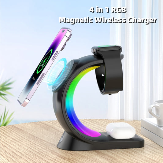 Chargeur Sans Fil 4 en 1 Magnétique Rapide avec RGB pour iPhone, Watch & AirPods