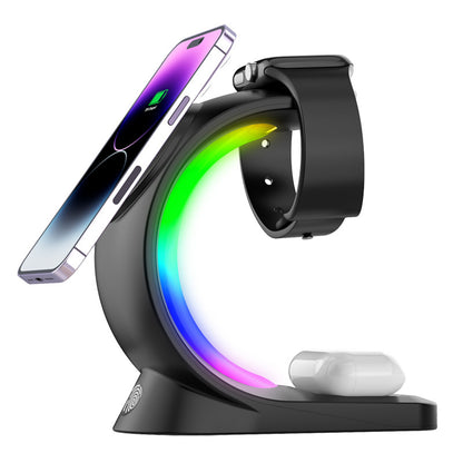 Chargeur Sans Fil 4 en 1 Magnétique Rapide avec RGB pour iPhone, Watch & AirPods