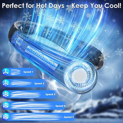 Portable Neck Fan with Neck Support, 5 Speeds Rechargeable Wearable Cooling Fan for Hot Flashes, Travel, Camping Essentials