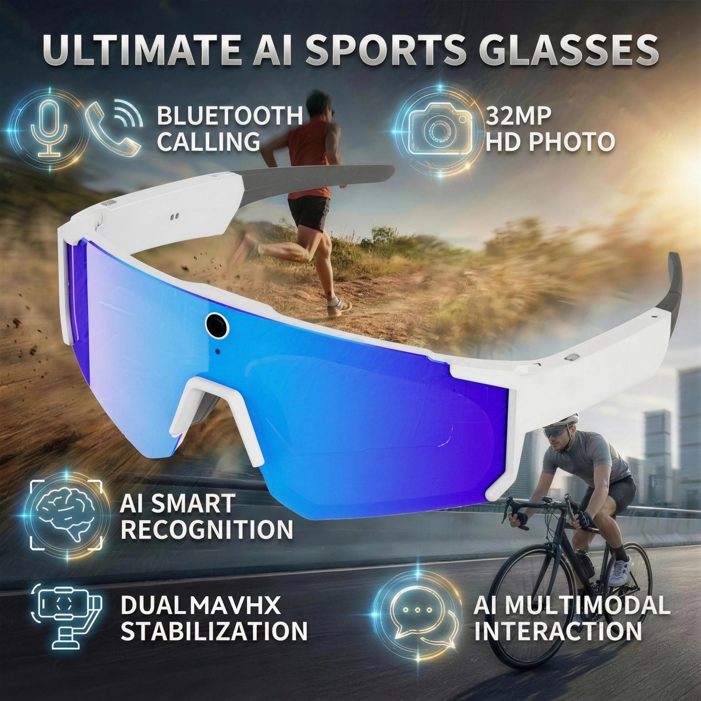 Smart AI Camera Glasses 1200P Video Recording Bluetooth Outdoor Sports Sunglasses WiFi Translator Anti-Shake Polarized Eyewear