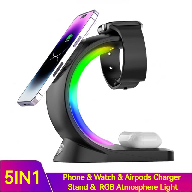 Chargeur Sans Fil 4 en 1 Magnétique Rapide avec RGB pour iPhone, Watch & AirPods