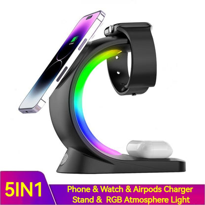 Chargeur Sans Fil 4 en 1 Magnétique Rapide avec RGB pour iPhone, Watch & AirPods