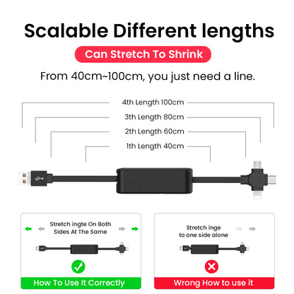 FlexCharge 4-in-1 Retractable Fast Charging Cable – Multi USB Type C / iPhone / Micro USB with Built-in Phone Stand & Storage Case