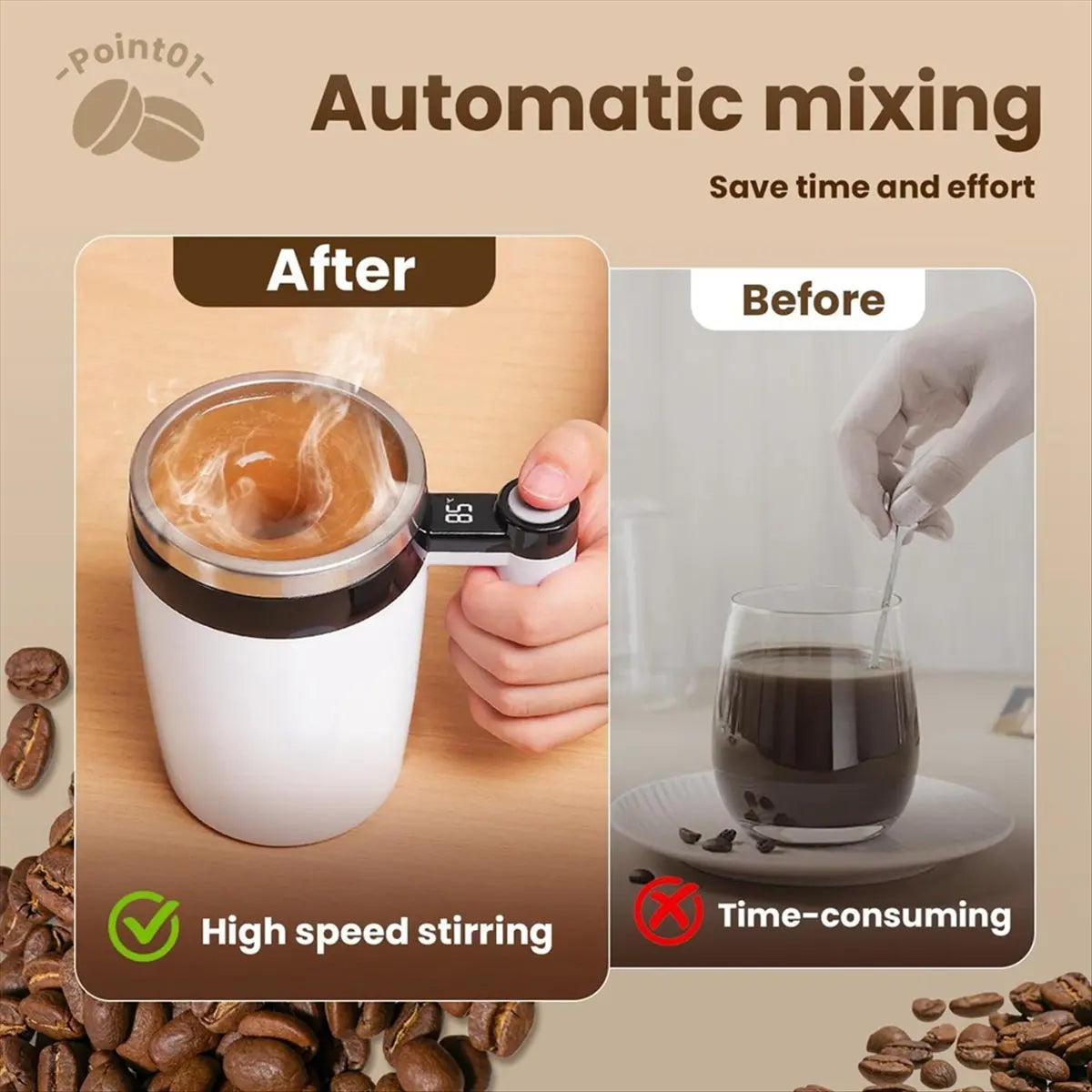 (LBER) Automatic Magnetic Stirring Coffee Mug, Self-Stirring Coffee Mug with Temperature Battery LCD, Rechargeable Coffee Mug B