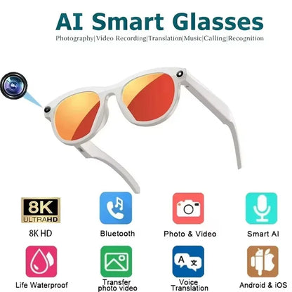 8KHD Smart AI Glasses Color Changing 1200MP Translate Camera Bluetooth Call Voice Assistant Music Control 2026