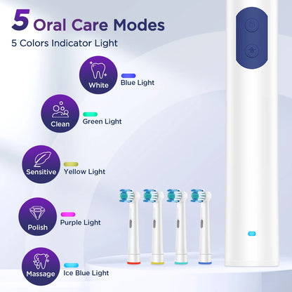 5 Modes Rotating Electric Toothbrush Rechargeable Rotary Electric Timer Teeth Whitening Brush with Replacement Heads Oral Care
