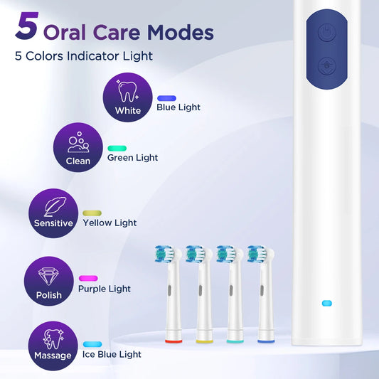 5 Modes Rotating Electric Toothbrush Rechargeable Rotary Electric Timer Teeth Whitening Brush with Replacement Heads Oral Care
