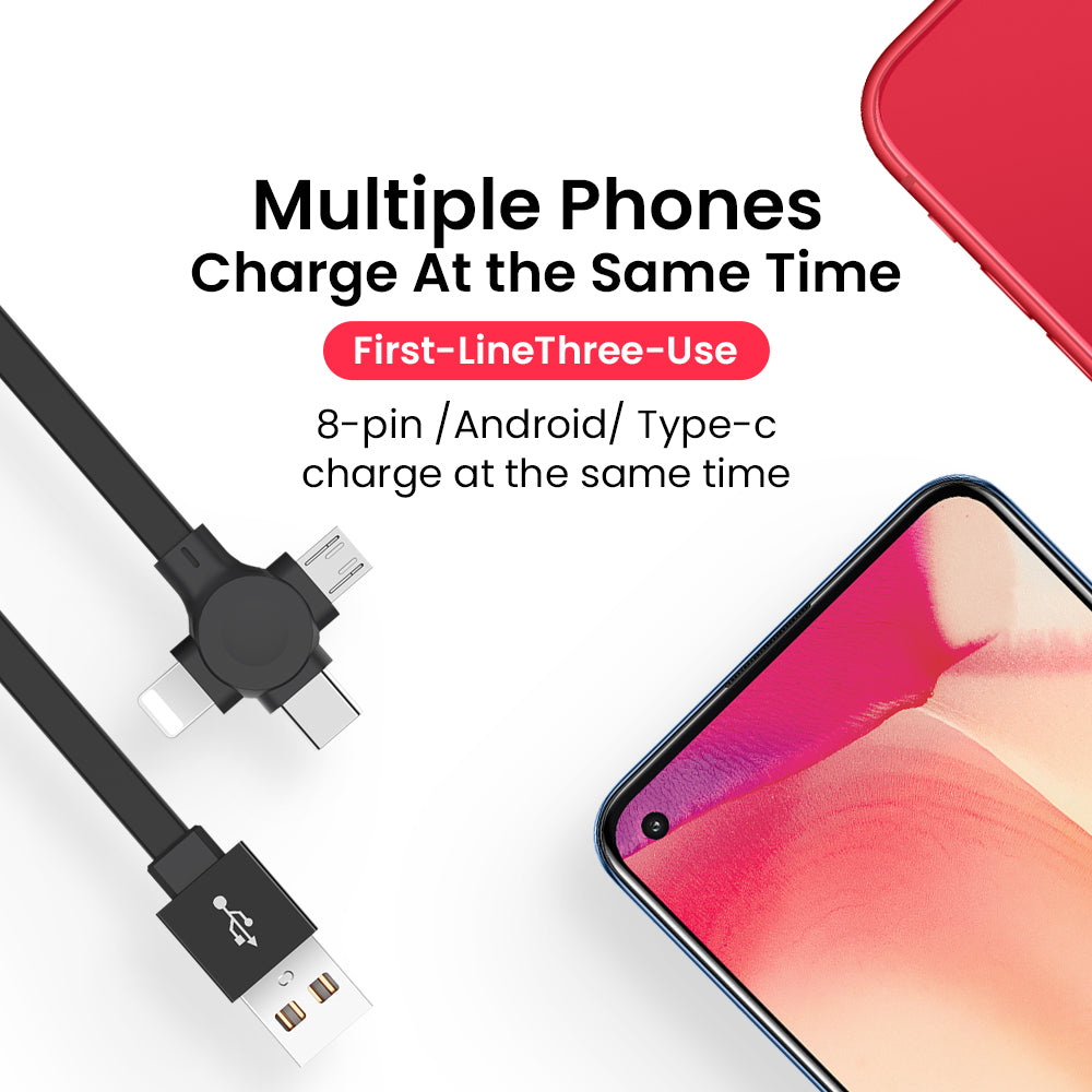 FlexCharge 4-in-1 Retractable Fast Charging Cable – Multi USB Type C / iPhone / Micro USB with Built-in Phone Stand & Storage Case
